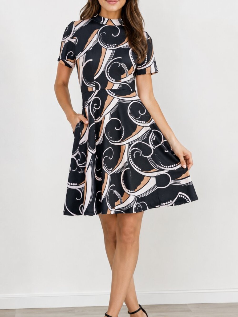 Hand Crafted Women's Abstract A-Line Dress – Black & Beige Short Sleeve